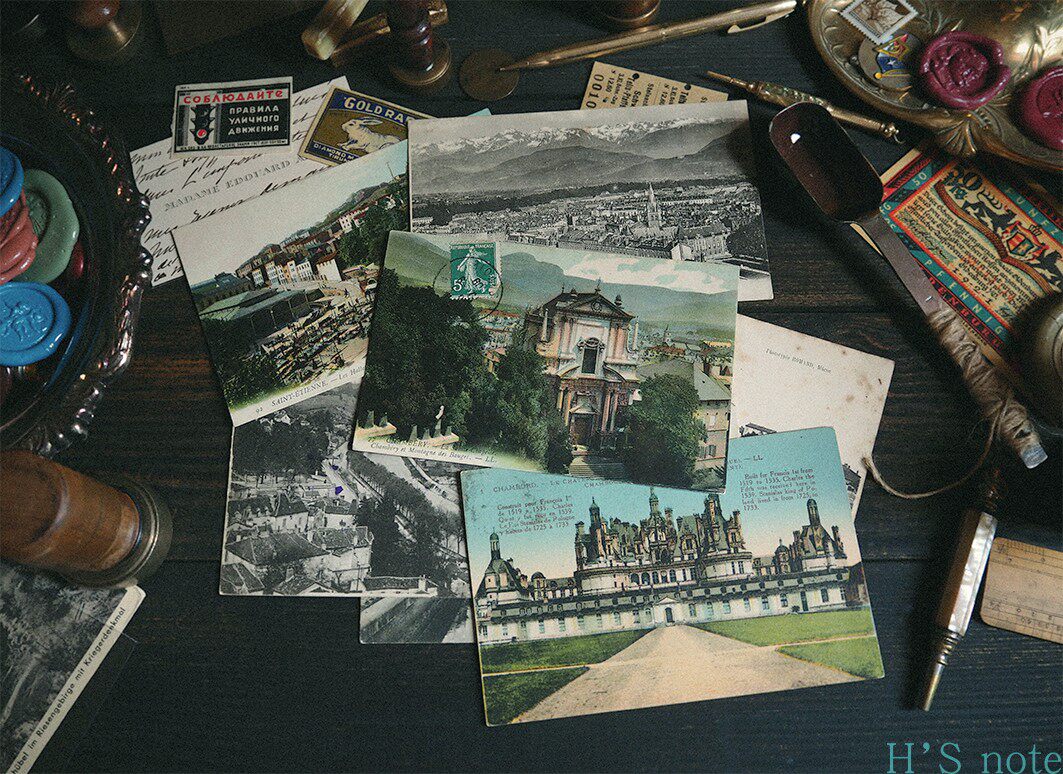 French classical postcard city palace early real post monochrome colored vintage stamp