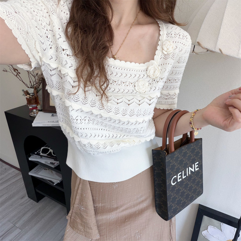 Clearance Sale: Summer Refreshing French Style Rose Crochet Hollow Square Neck Lace Short Sleeve Knitted T-Shirt for Women