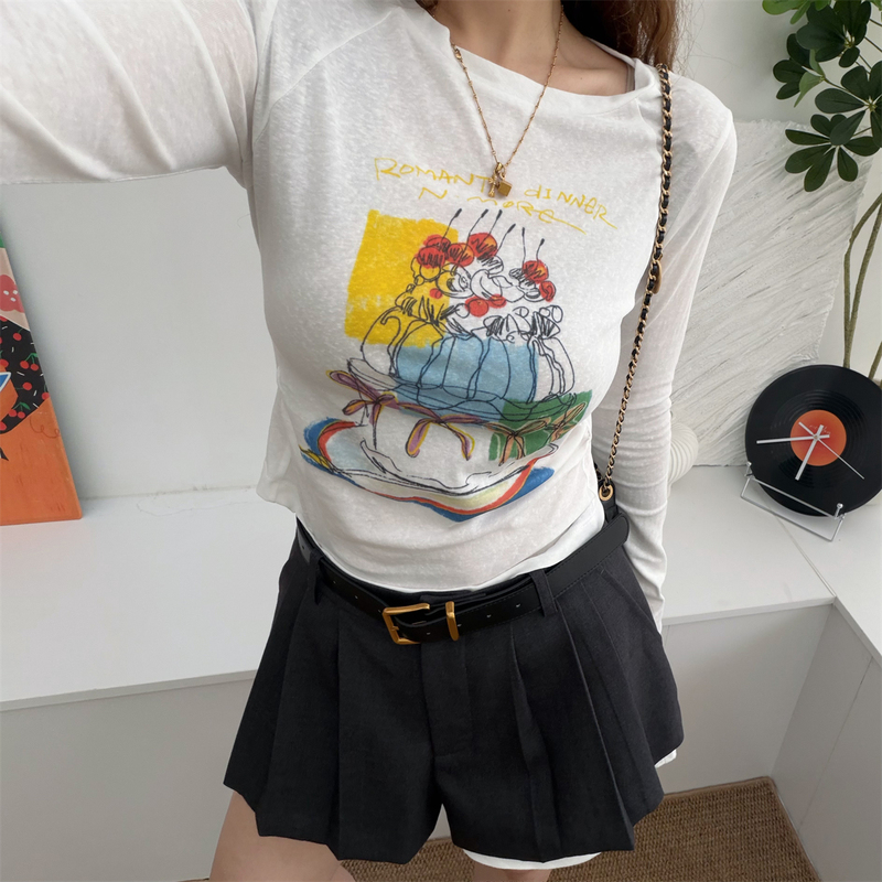 Atmospheric Hot Girl T-Shirt, Spring and Summer Hand-Painted Cake Print, Pleated Waist, Slim Fit, Long-Sleeved Cotton and Linen T-Shirt for Women