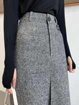 Jasmando herringbone long high waist skirt women autumn commuter straight split skirt wool bag hip skirt