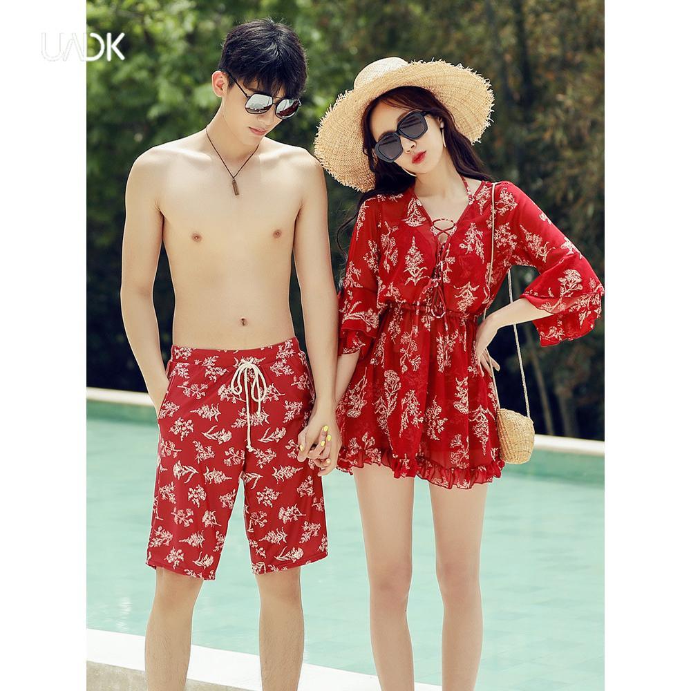 Lovers Swimsuit Red Couple Suit Sexy Ins Wind Beach Seaside Sunscreen Long Sleeve Bikini Three Sets
