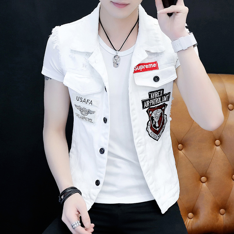Áo vest denim nam cá tính phong cách Hàn Quốc đẹp trai mùa hè mỏng không tay áo khoác nam áo ghi lê eo thon - Dệt kim Vest
