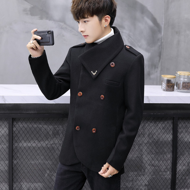 Men's short woolen coat, trendy brand winter coat, Korean version, thickened, handsome and personalized, double-breasted jacket, windbreaker