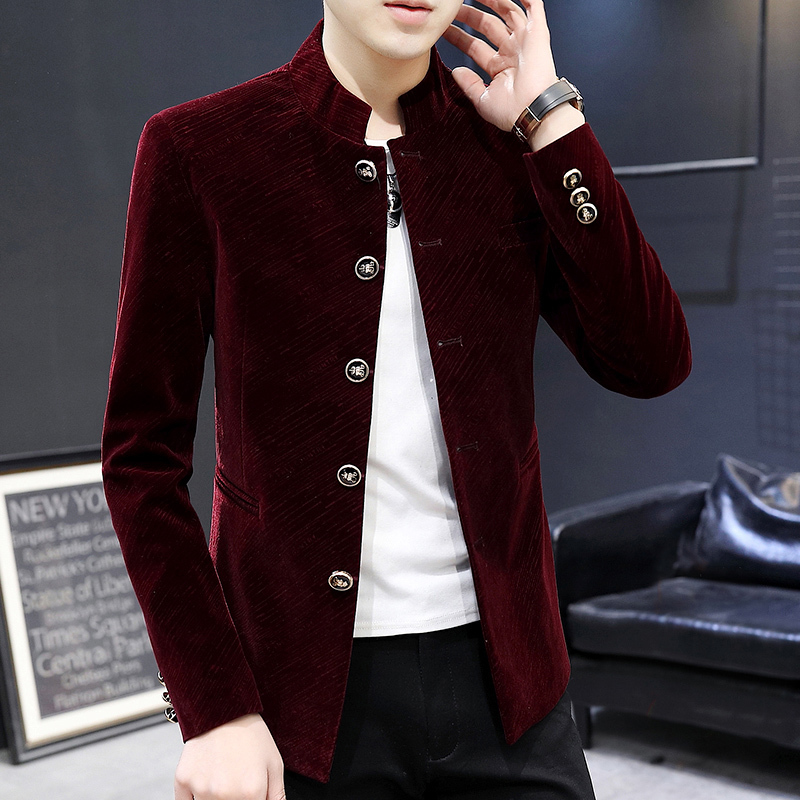 Men's Fleece-Lined Thickened Jacket for Autumn and Winter, Korean Style Zhongshan Suit, Trendy and Handsome Stand-Up Collar Suit, Tang Suit Jacket