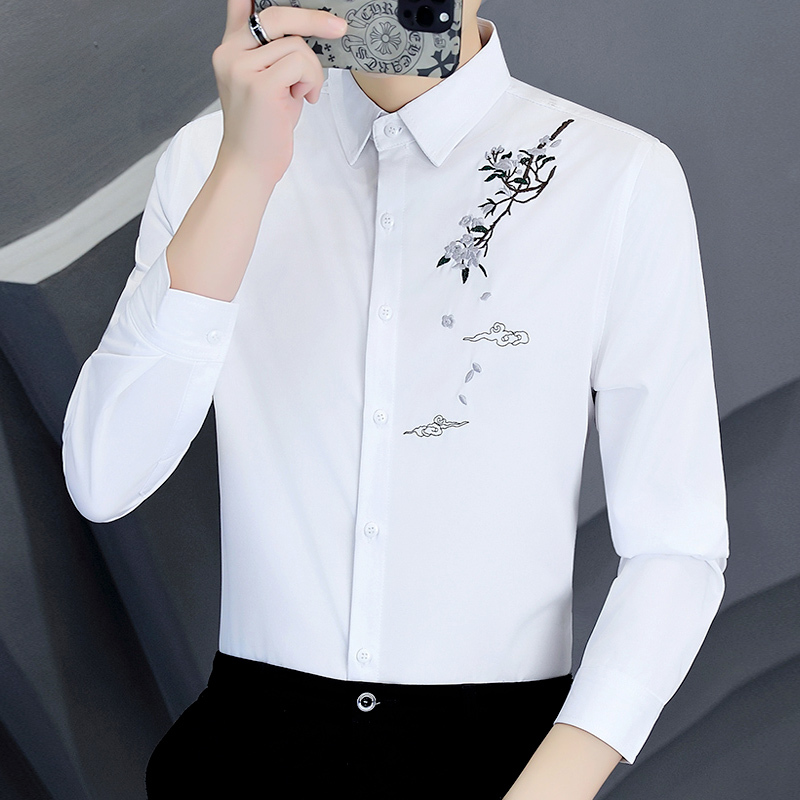 Long-Sleeved Shirt for Men, Autumn Chinese Style Floral Embroidery, Men's Trendy Fashion Slim Fit Inner Wear, Wrinkle-Resistant White Shirt