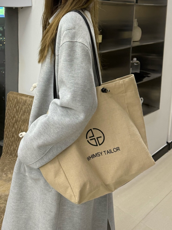 Letter Print Large-Capacity Tote Bag, Lazy Style, Versatile for Commuting, Vacation, Cotton and Linen Canvas Bag, Shoulder Bag, Handbag