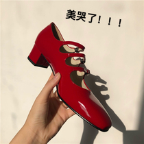 Spot) Poison top version carel Mary Jane shoes classic French retro three-button patent leather thick-heeled shoes