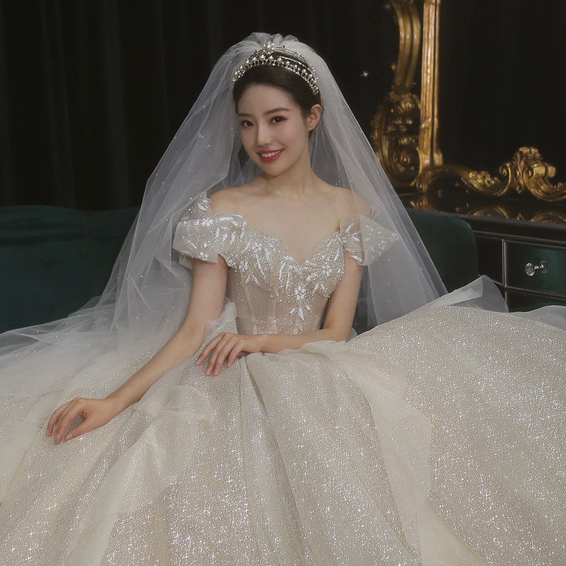 Main wedding dress 2021 New thin simple plus size one shoulder bride pregnant woman temperament Super fairy dream Starry Sky tail