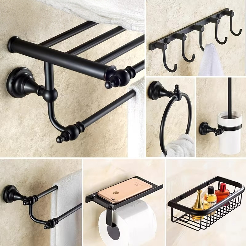 Black Towel Rack, No-Drill American-Style Towel Rack, All-Copper Bathroom Hardware, Bathroom Accessories, Toilet Storage Shelf