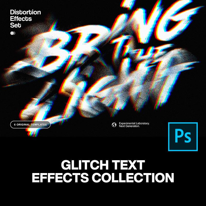 6 Vintage Chaotic Distortion, Warp, Misalignment, Blur, Glitch, and Text Title Effects Ps Mockups