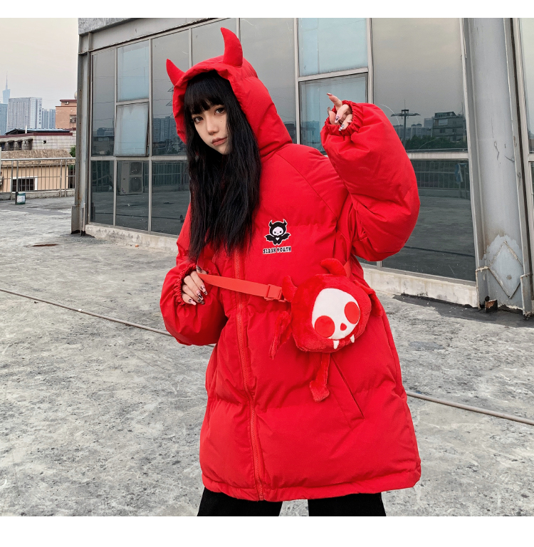 Devil Horns Hooded Padded Parka Jackets with Doll for Women