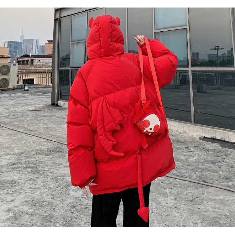 Devil Horns Hooded Padded Parka Jackets with Doll for Women