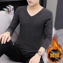 No trace warm jacket mens V-neck winter double-sided velvet autumn clothing single piece base plus velvet tight underwear