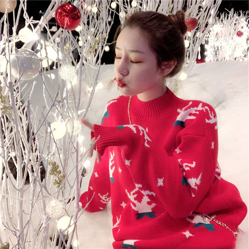 Big Cherry New Year Red Christmas Fawn Sweater Female Ins Tide Mid-Length Winter Thickening Loose Lazy Wind Outer Wear