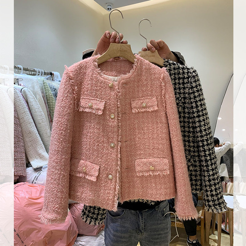 Pink Coarse Flowers Little Fragrant Wind Cotton Suit Jacket Thickened Female Autumn Winter 100 Hitch 2021 New Foreign Pie Shorts