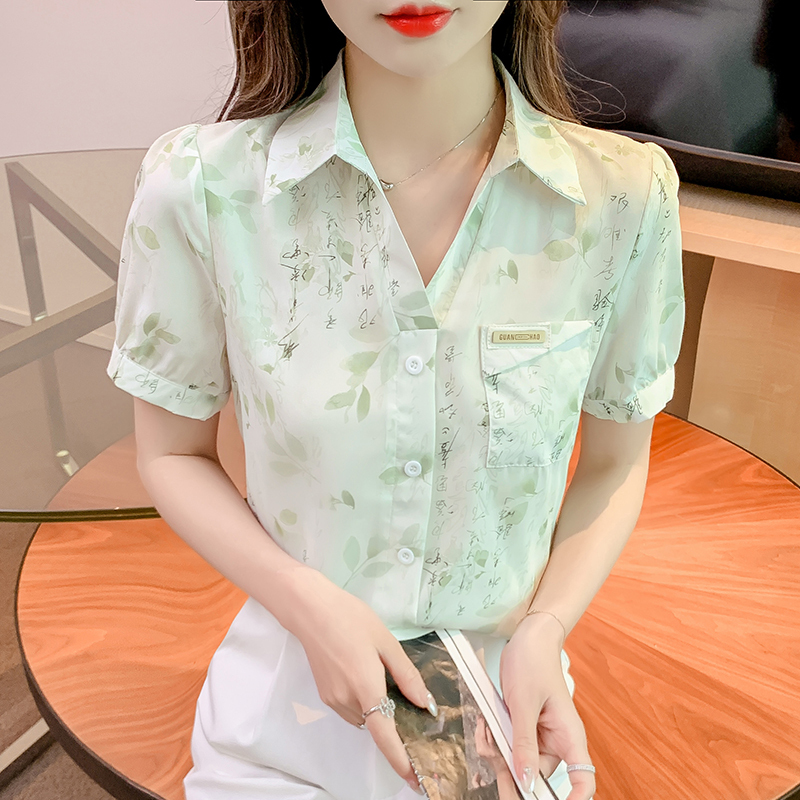 Floral Chiffon Shirt for Women 2026 New Summer Popular Style Chinese Style Printed Short-Sleeved Shirt with Unique Design Niche Top