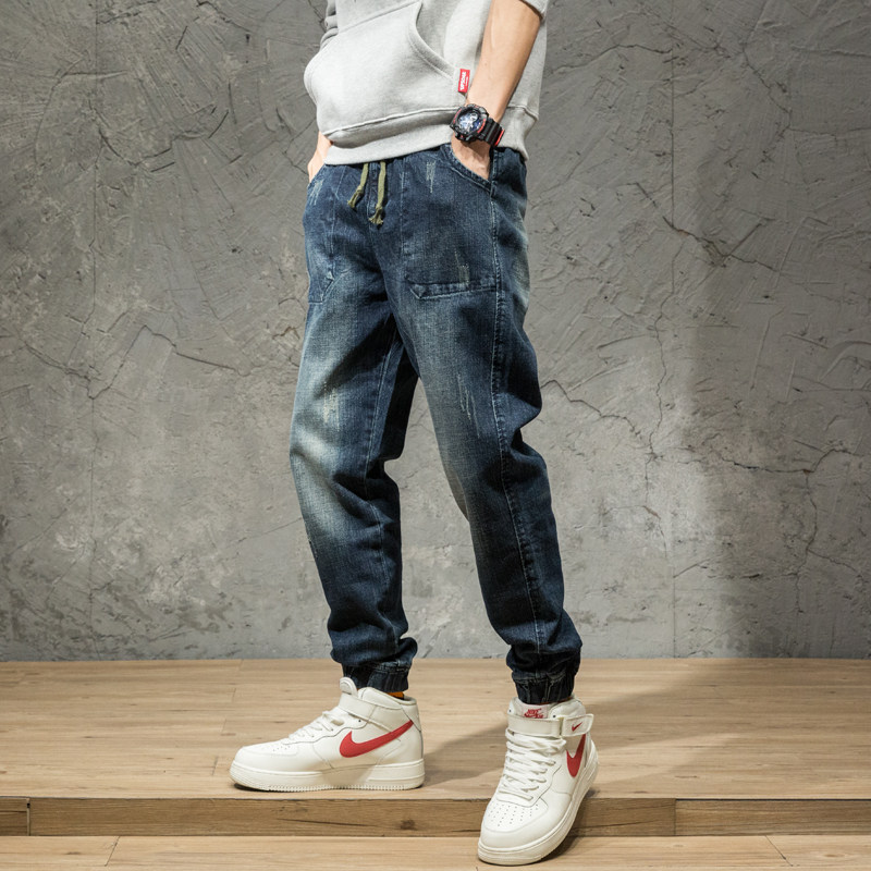 Fashion brand summer 2021 loose large-size tooling jeans men's velvet fashion wild Haaron tie pants