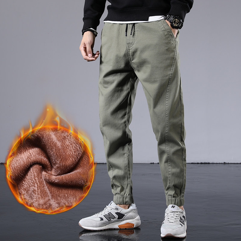 Tide Cards Autumn Winter New Plus Suede Thickened Work Pants Male Trendy Closing Small Feet Khalaren Pants Loose Casual Bungling Pants