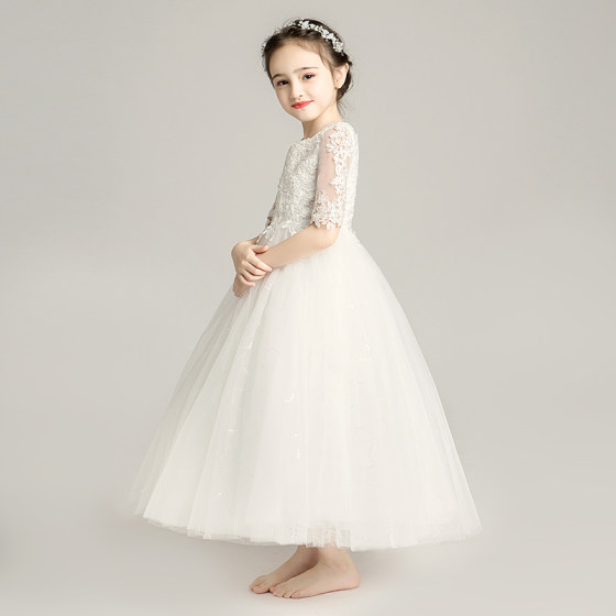 Girls white flower girl wedding princess dress tutu children's piano performance dress little girl birthday evening dress summer