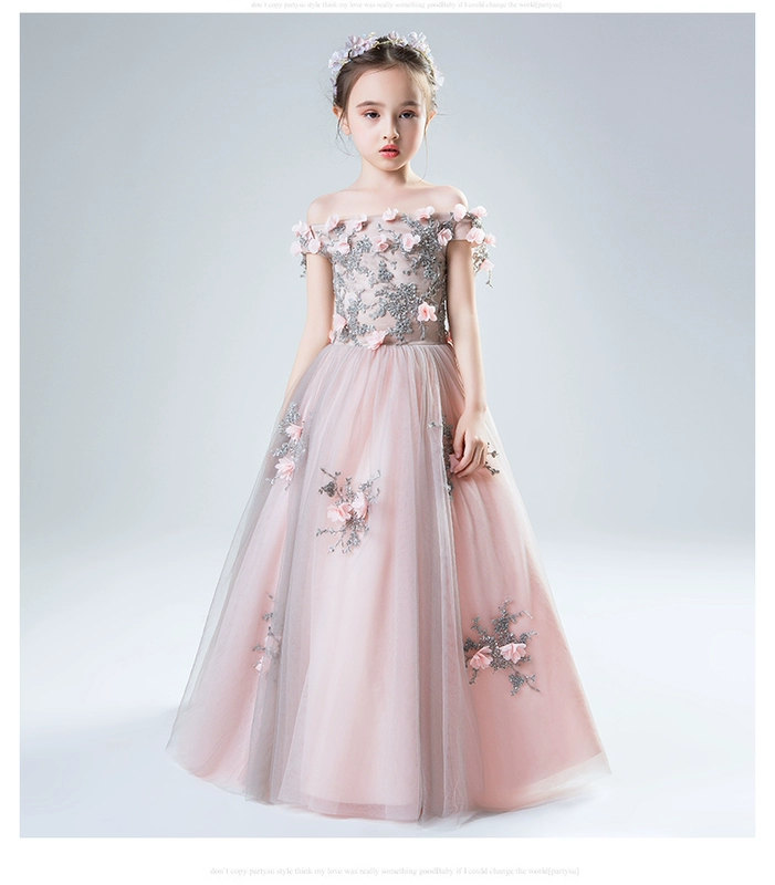 Pink Word Shoulder Girl Áo dài Puffy Áo choàng Sinh nhật Buổi tối Đầm công chúa Đầm trẻ em Trình diễn Trang phục Piano Mùa hè - Váy trẻ em