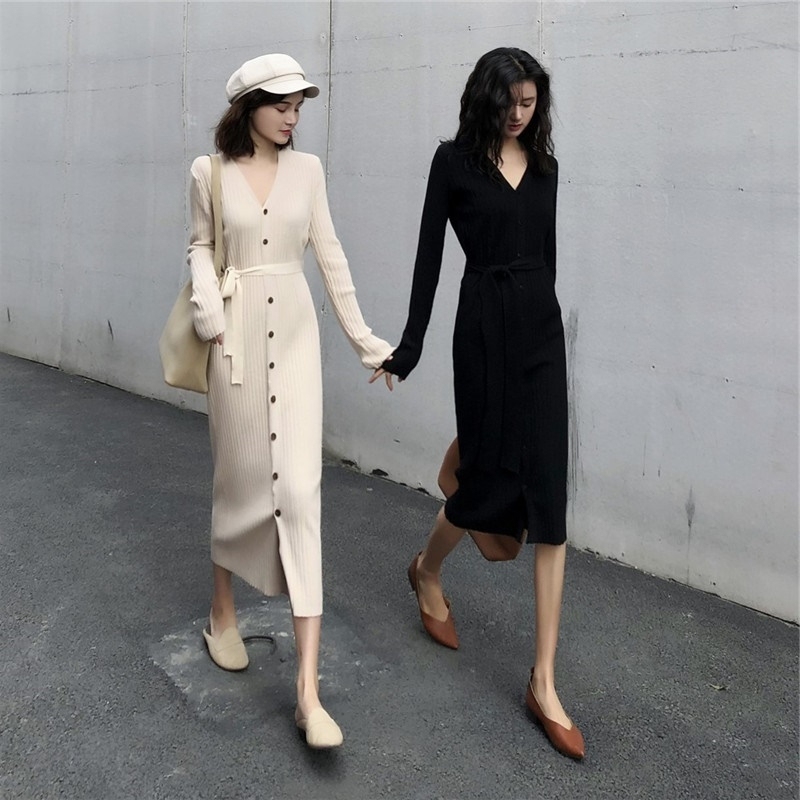 2025 Autumn/Winter New Women's Clothing: Long Coat, Sweater, Skirt, Over-The-Knee Inner Layer, Black Knitted Base Dress