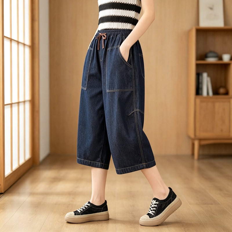 Vintage High-Waisted Drawstring Cropped Denim Pants for Women, Summer Thin Style, Large Pockets, Loose Fit, Slimming, Embroidered Straight-Leg Pants Vintage High-Waisted Drawstring Cropped Denim Pants for Women, Summer Thin Style, Large Pockets, Loose Fit, Slimming, Embroidered Straight-Leg Pants