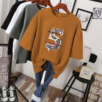 Short-sleeved T-shirt womens 2021 summer new cotton Korean version loose and thin printed trendy large size fat MM bottoming shirt