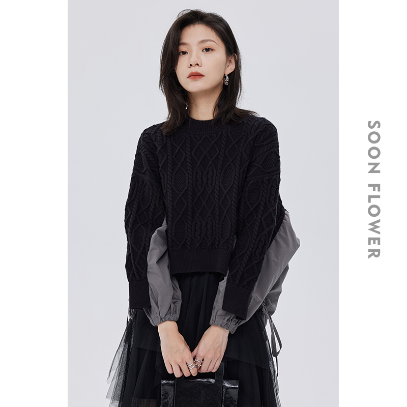 Front Short, Back Long, Color-Blocked Drawstring, Unique Design, Batwing Sleeves, Black, Loose, Lazy Style Sweater for Women, Spring and Autumn