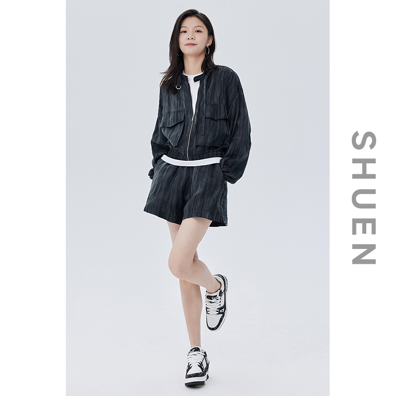 Elastic Waist Shorts Two-Piece Set Trendy Spring and Autumn Round Neck Jacket Black Long-Sleeved Loose Casual Suit for Women 2026 New Style