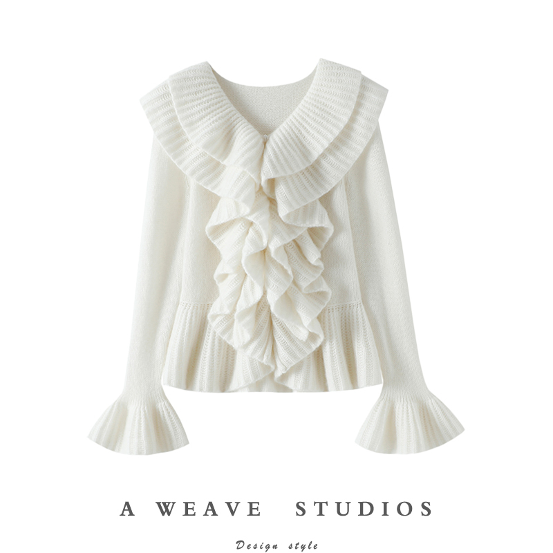 I'M in Love! Ruffled Large Lapel Thickened 100% Pure Cashmere Cardigan for Women with Bell Sleeves Knit Cardigan
