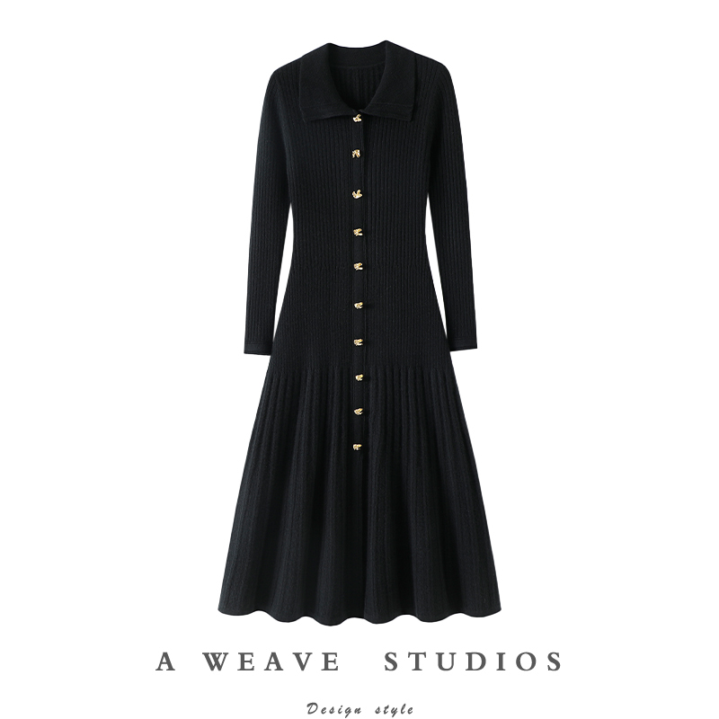 The Elegant Shines Through! 100% Pure Cashmere Dress for Women, Polo Collar Pure Cashmere Sweater, Long Skirt