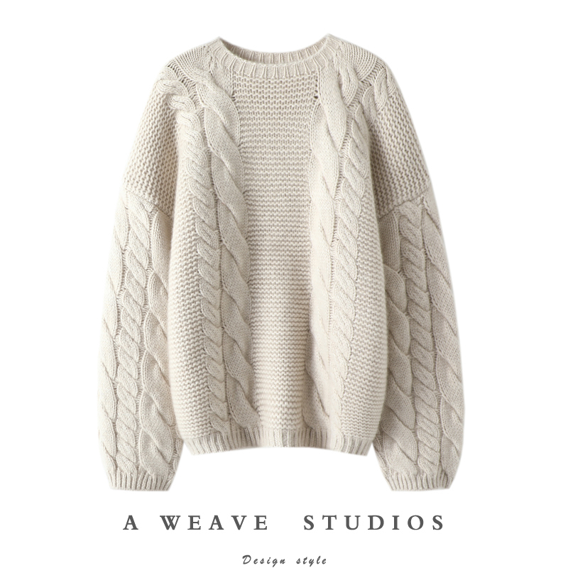 So Comfortable to Wear! Slimming New Trend~ Heavy Thick Knit Cashmere Sweater for Women, Round Neck, Pure Cashmere, Loose Fit