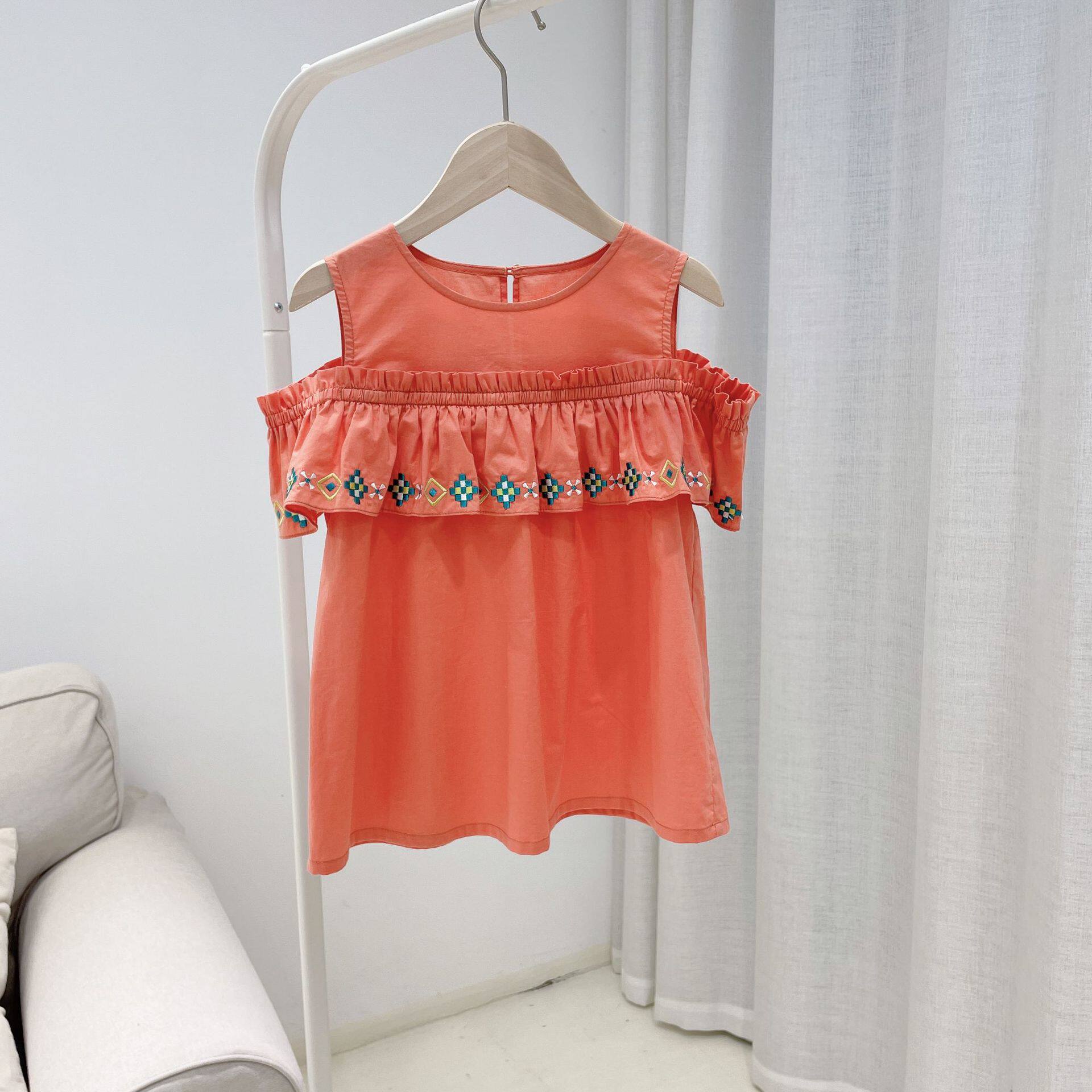 Girl's lotus leaf lace embroidered orange sleeveless blouse for children small round collar light and breathable blouse 2021 summer new product