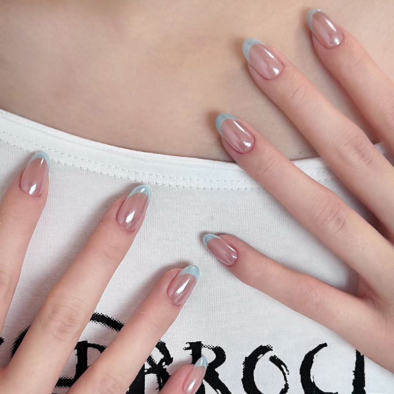 Purely Handmade Nail Art Wearable Nails Short Style Hailey Blue French Style 2025 New Model High-End Short Oval Nail Stickers