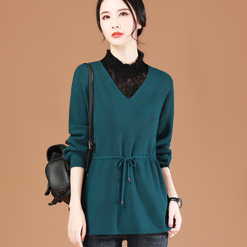 Mianma Schman faked a two-piece lace stitched semi-high-necked waist sweater with a long version of the women's spring and autumn outer wearing knitwear