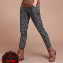 Mi Amarshi flagship store official website 2021 Winter new elastic waist stripes plus velvet pants women thick Harlan casual pants