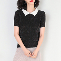 Miama Shiman lapel knitted short-sleeved t-shirt womens bright silk summer 2022 new slim half-sleeved ice silk top