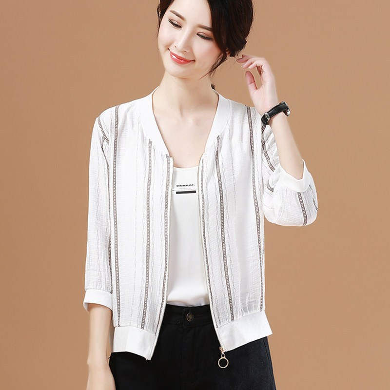 Miama Schmann striped belly-covering chiffon shirt top summer women's cardigan with air-conditioning shirt thin short coat