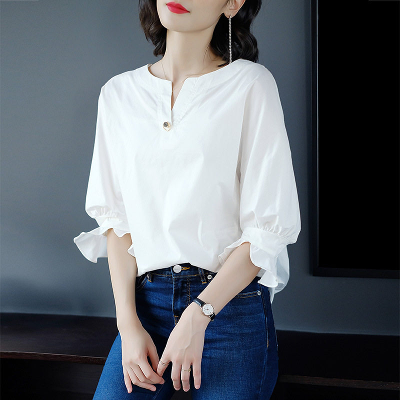 Miamash Flagship Store Official Website 2022 Summer White Shirt Female V Round Neck Slim Lantern Bubble Three-quarter Sleeve Shirt