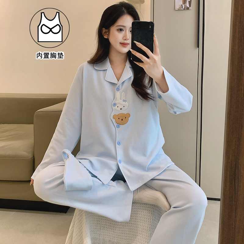 7A Antibacterial Maternity Pajamas with Chest Pads, Spring and Autumn Pure Cotton Postpartum Maternity Sleepwear, Nursing Clothes for Pregnant Women, Winter