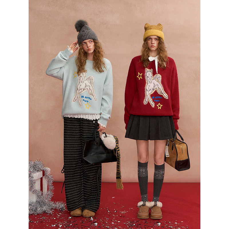 Somesowe Childlike Jacquard Cyber Pony Silhouette Crew Neck Sweater