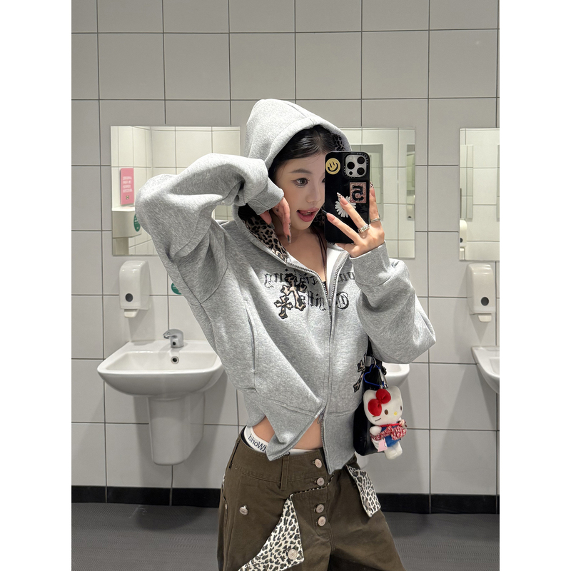 Koiisle American Retro Leopard Print Patchwork Hooded Cardigan Sweatshirt Jacket for Women Autumn Heavy Short Hoodie Top