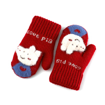 2-4 years old childrens gloves winter cartoon pig page hanging neck finger wool gloves with velvet warm inside