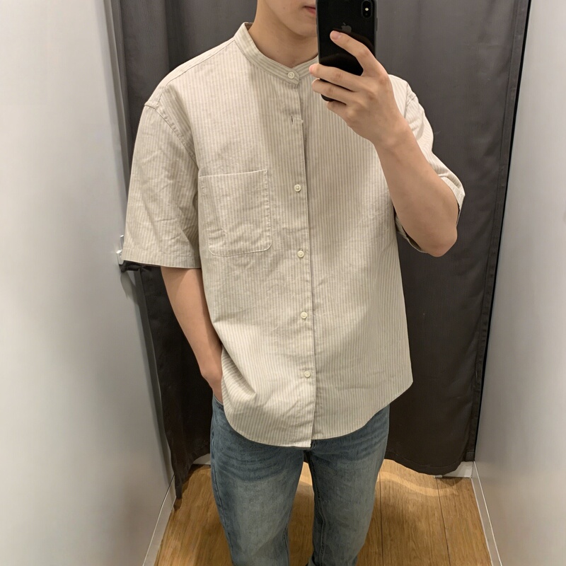 2026 Summer New Style Casual Style Striped Stand-Up Collar Cotton and Linen Short-Sleeved Shirt Men's Loose Cardigan Work Clothing Shirt 474529 2026 Summer New Style Casual Style Striped Stand-Up Collar Cotton and Linen Short-Sleeved Shirt Men's Loose Cardigan Work Clothing Shirt 474529