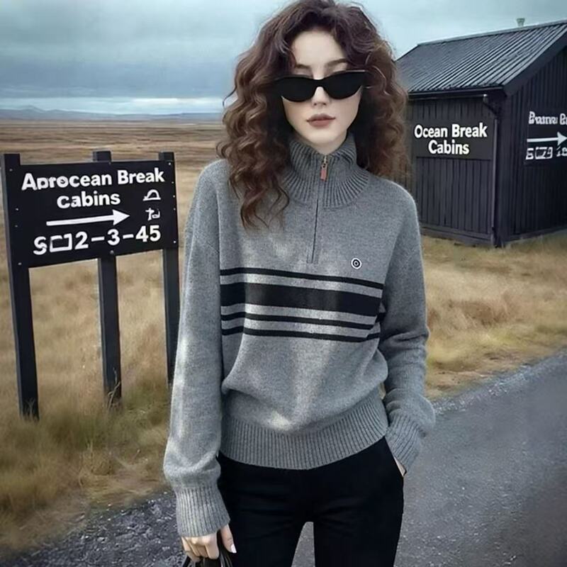 Autumn and Winter Lazy Style Half-Zip High-Neck Striped Sweater for Women 2026 New Style High-End and Super Stylish Versatile Knitwear Autumn and Winter Lazy Style Half-Zip High-Neck Striped Sweater for Women 2026 New Style High-End and Super Stylish Versatile Knitwear