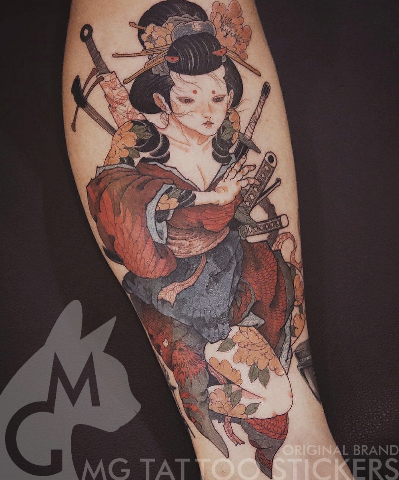 MG Tattoo with hand-painted TATTOO floating painting Japanese art Kabuki female warrior pattern floral arm 21 *15CM