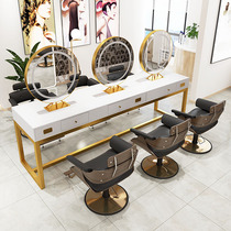 Net red barbershop hair mirror table with lamp hair salon special hair cut mirror Stainless steel double four-sided hair tide shop mirror