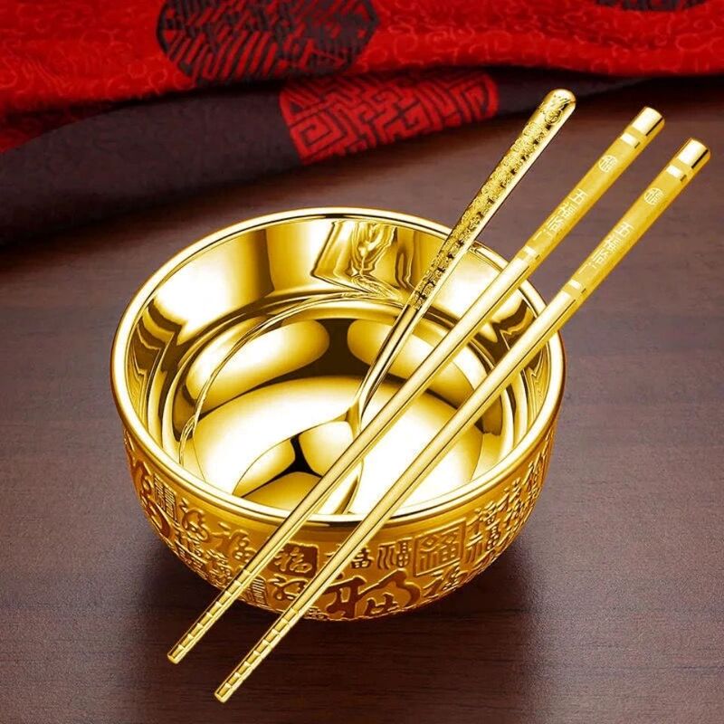 Gold-Colored Bowl, Chopsticks, and Spoon Set, Sand Gold, Wealth and Prosperity Dragon and Phoenix Gold and Silver Bowl Three-Piece Set, Gold-Plated Fortune-Enhancing Ornament
