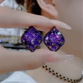Japanese Premium New Design Earrings with a Korean and Japanese Style, Featuring a Slightly Inebriated Fireworks Purple Zircon, Popular on Social Media, Exaggerated and Unique