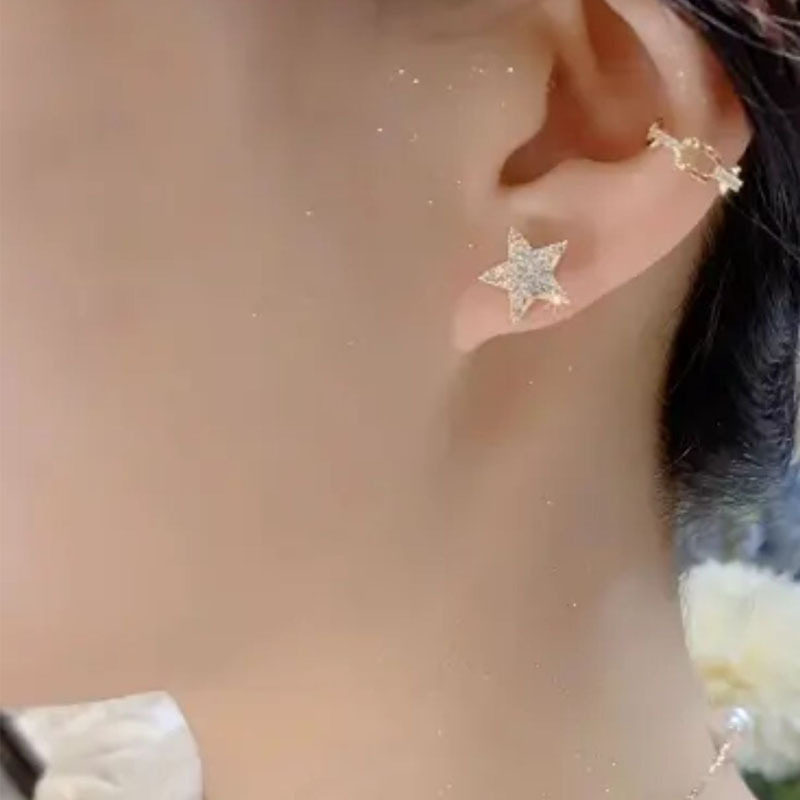 Japanese Premium New Model 925 Silver Needle Micro-Inlaid Star Tassel Earrings, New Japanese and Korean Exquisite Rhinestone Simple and Fashionable Design